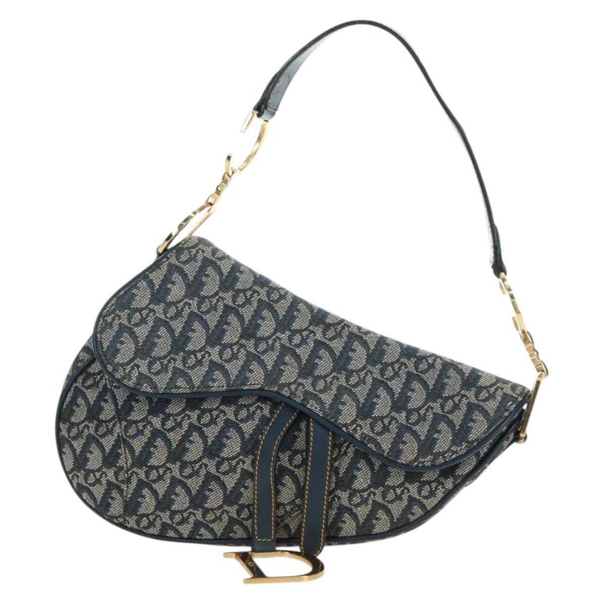 Christian Dior Trotter Canvas Saddle Bag Hand Bag Navy Gold Auth ki6641SV