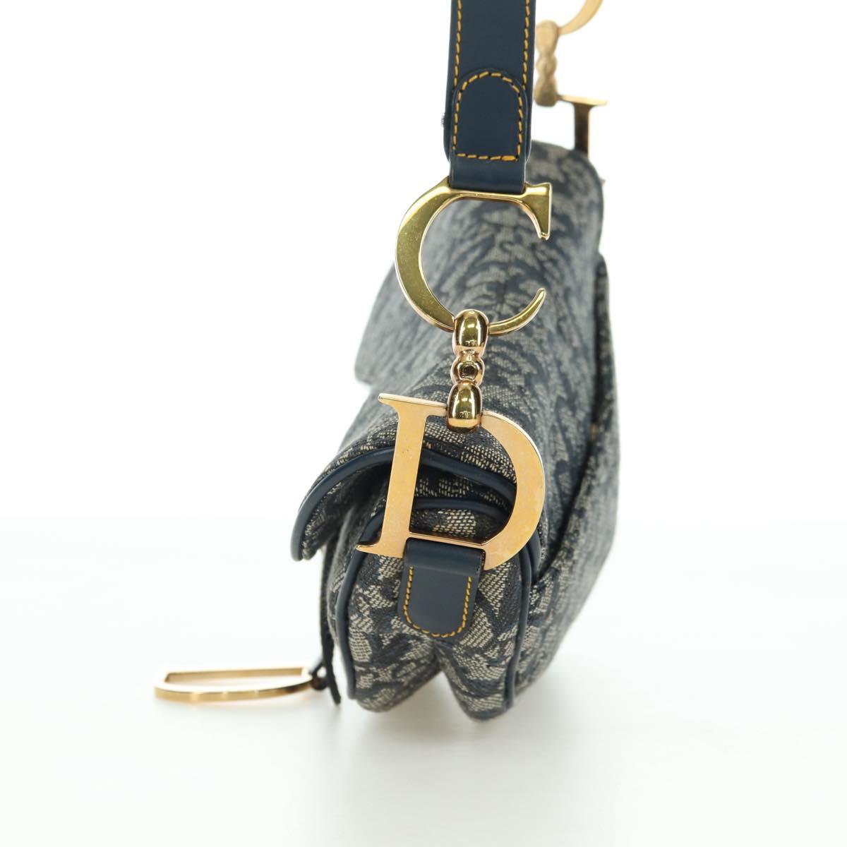 Christian Dior Trotter Canvas Saddle Bag Hand Bag Navy Gold Auth ki6641SV
