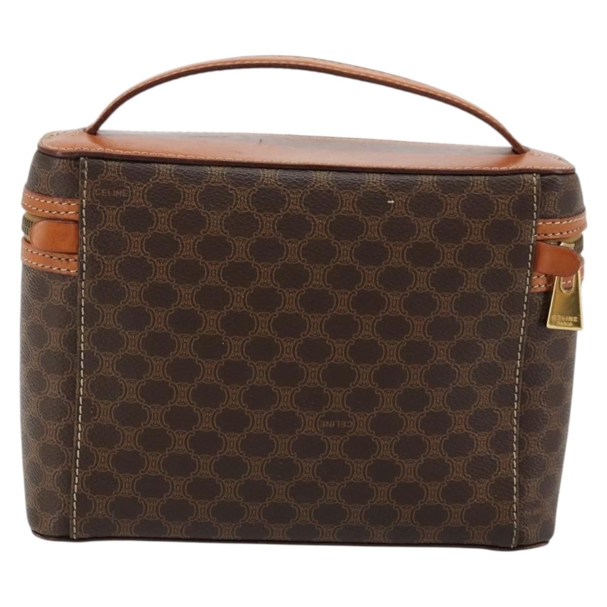 CELINE Macadam Canvas Vanity Hand Bag PVC Leather Brown Gold Auth ki6647
