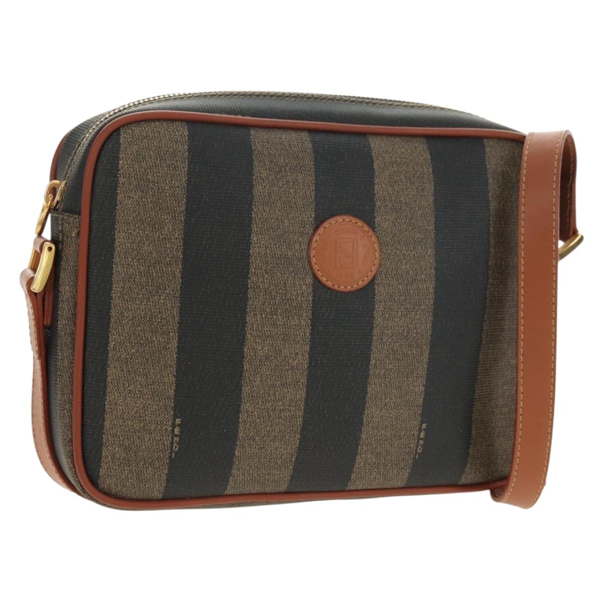 FENDI Pecan Canvas Shoulder Bag PVC Brown Black Auth ki6658V