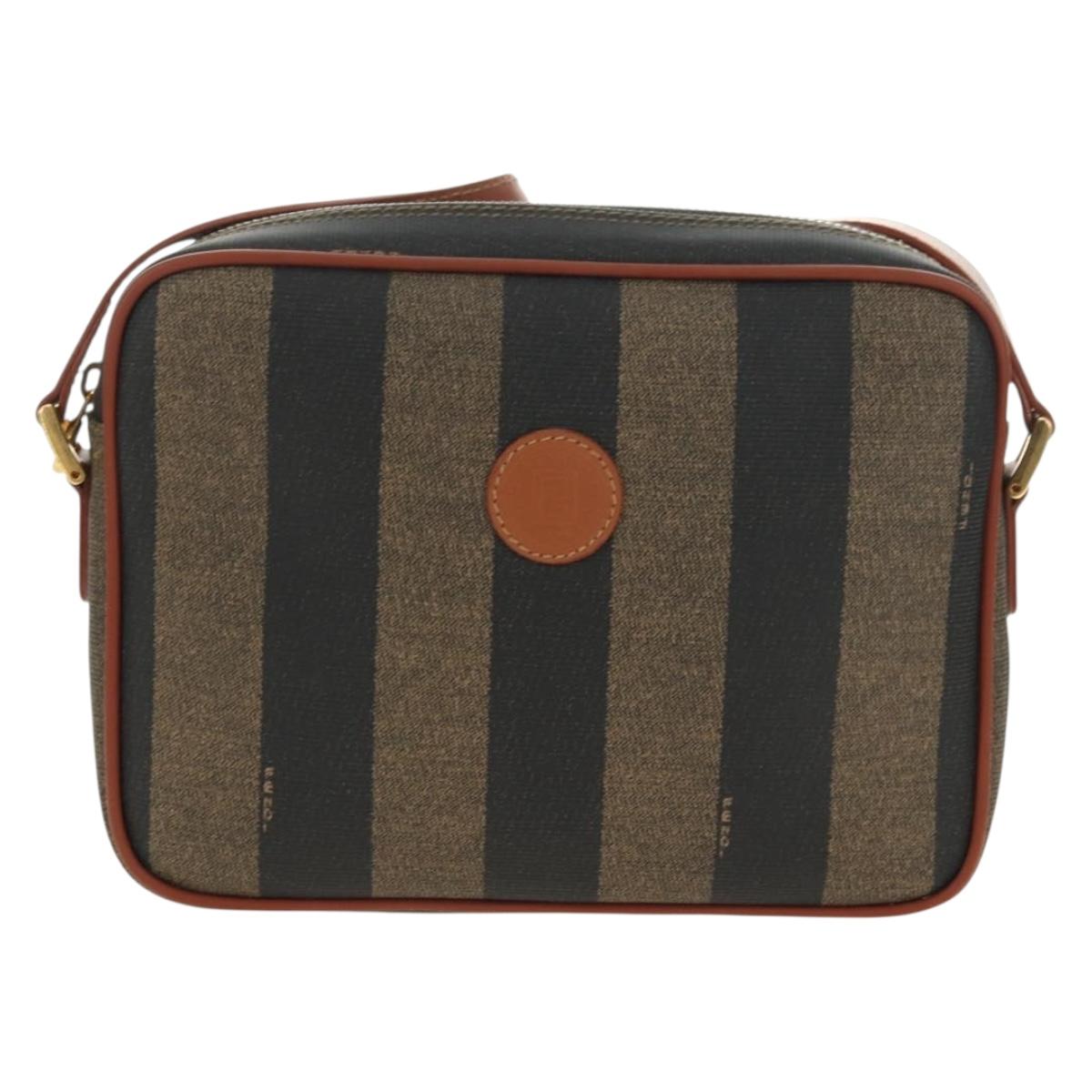 FENDI Pecan Canvas Shoulder Bag PVC Brown Black Auth ki6658V