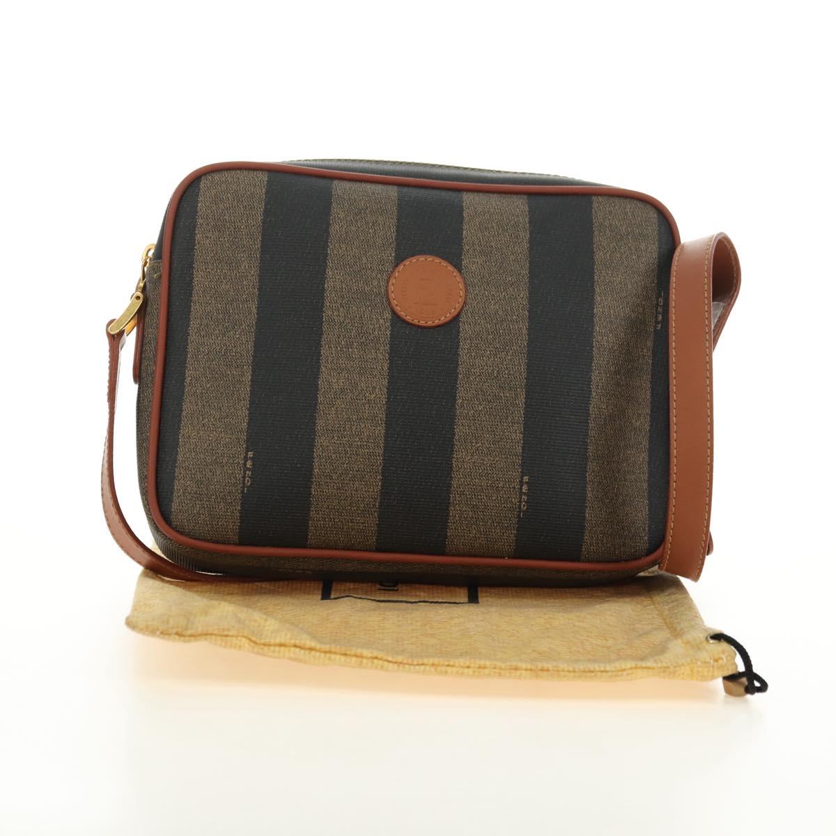 FENDI Pecan Canvas Shoulder Bag PVC Brown Black Auth ki6658V