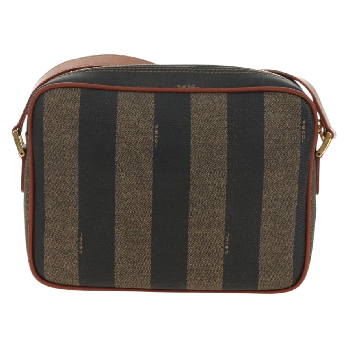 FENDI Pecan Canvas Shoulder Bag PVC Brown Black Auth ki6658V