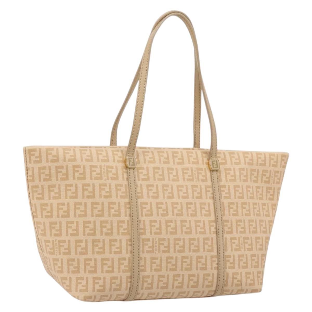 FENDI Zucchino Canvas Hand Bag Beige Gold Auth ki6664M