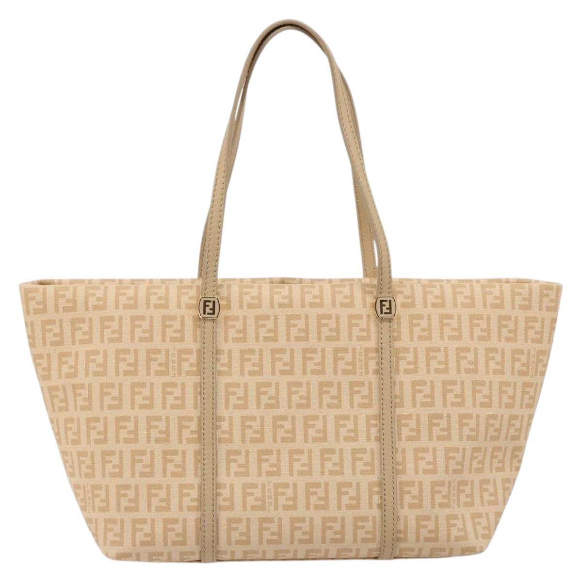 FENDI Zucchino Canvas Hand Bag Beige Gold Auth ki6664M