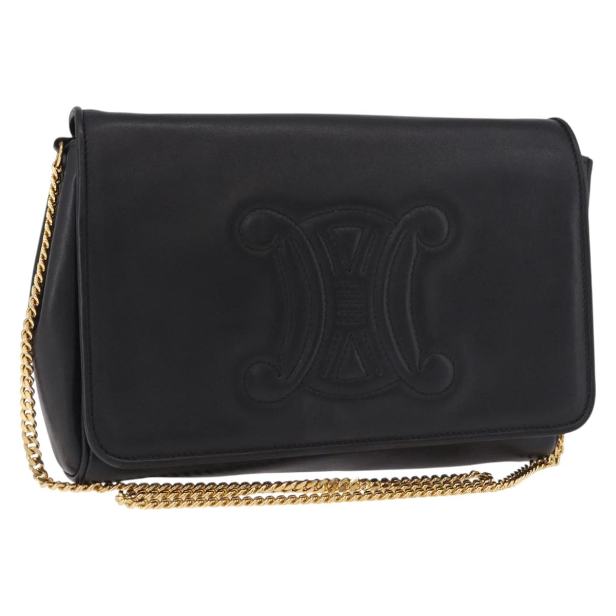 CELINE Chain Shoulder Bag Leather Black Gold Auth ki6665M