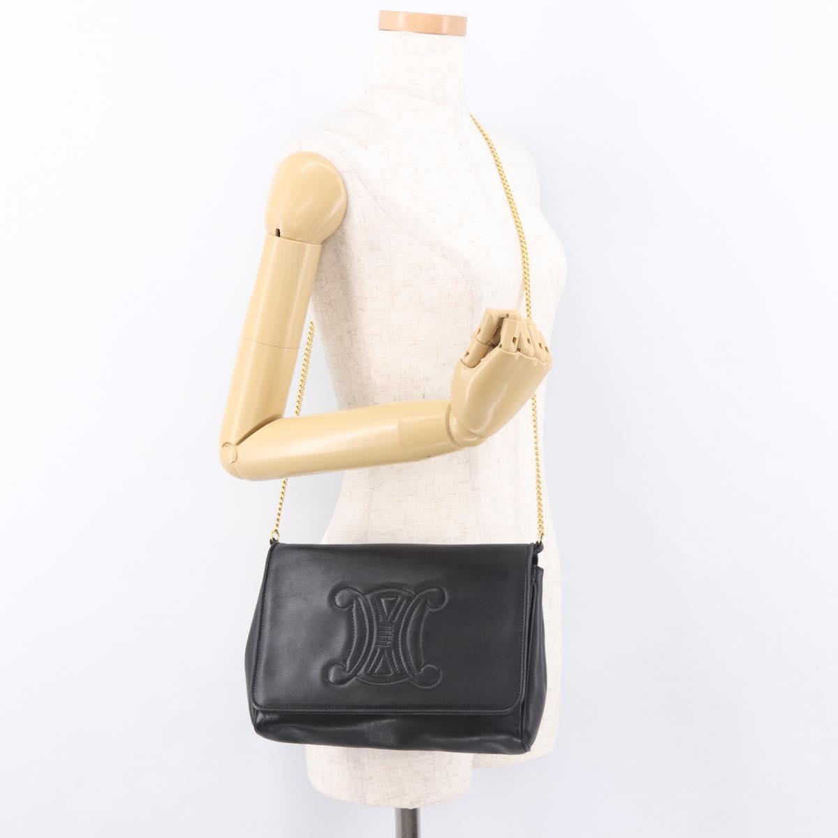 CELINE Chain Shoulder Bag Leather Black Gold Auth ki6665M