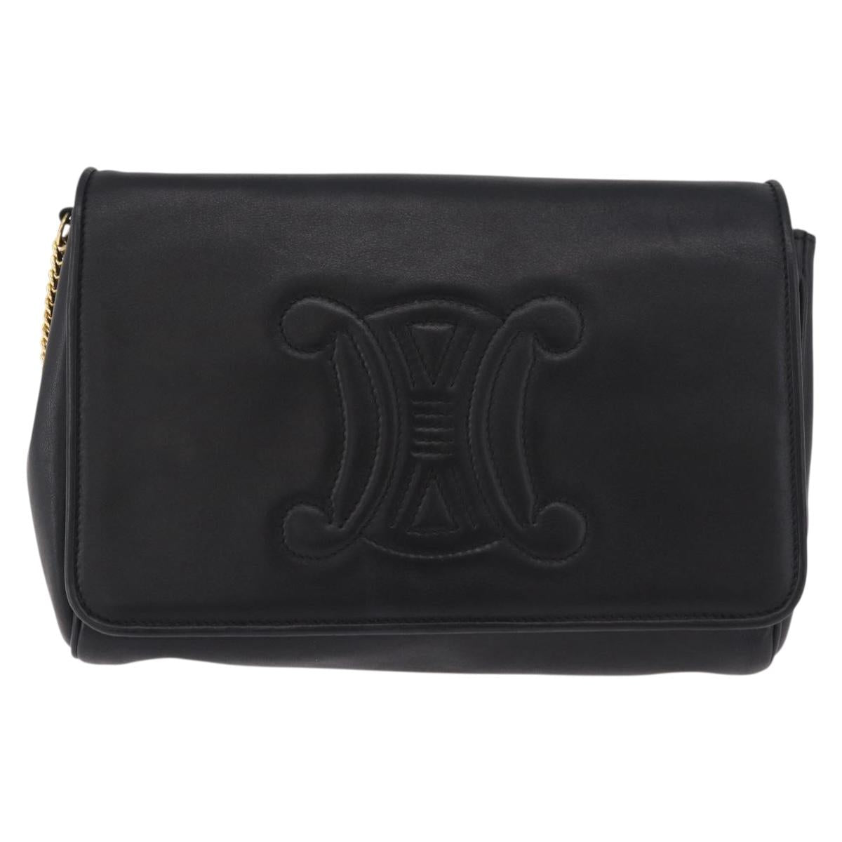 CELINE Chain Shoulder Bag Leather Black Gold Auth ki6665M