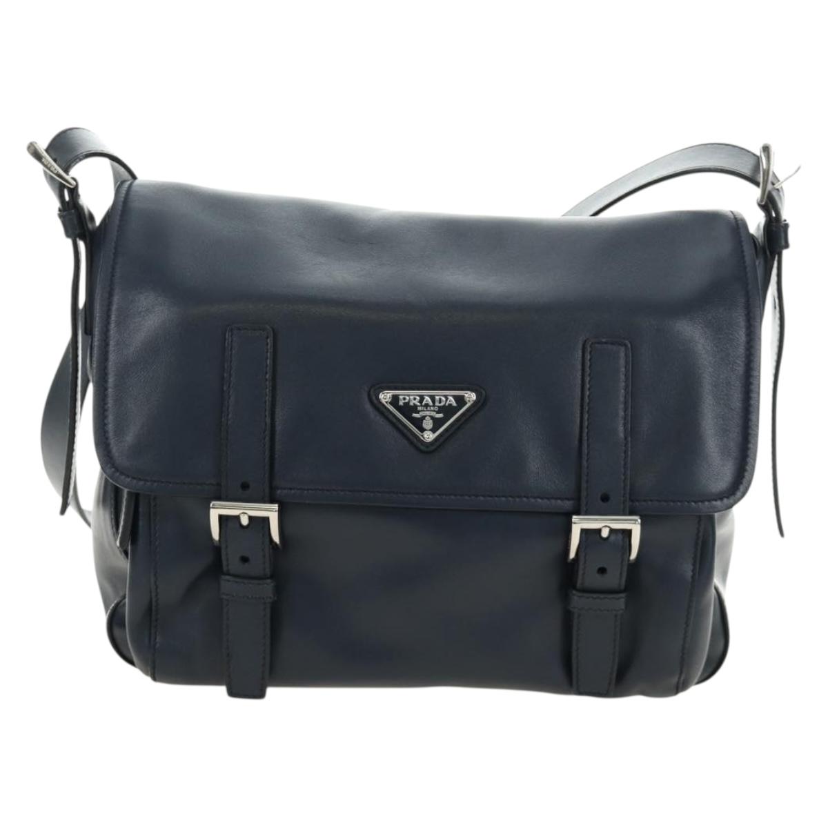 PRADA Shoulder Bag Leather Navy Silver Auth ki6667SAM