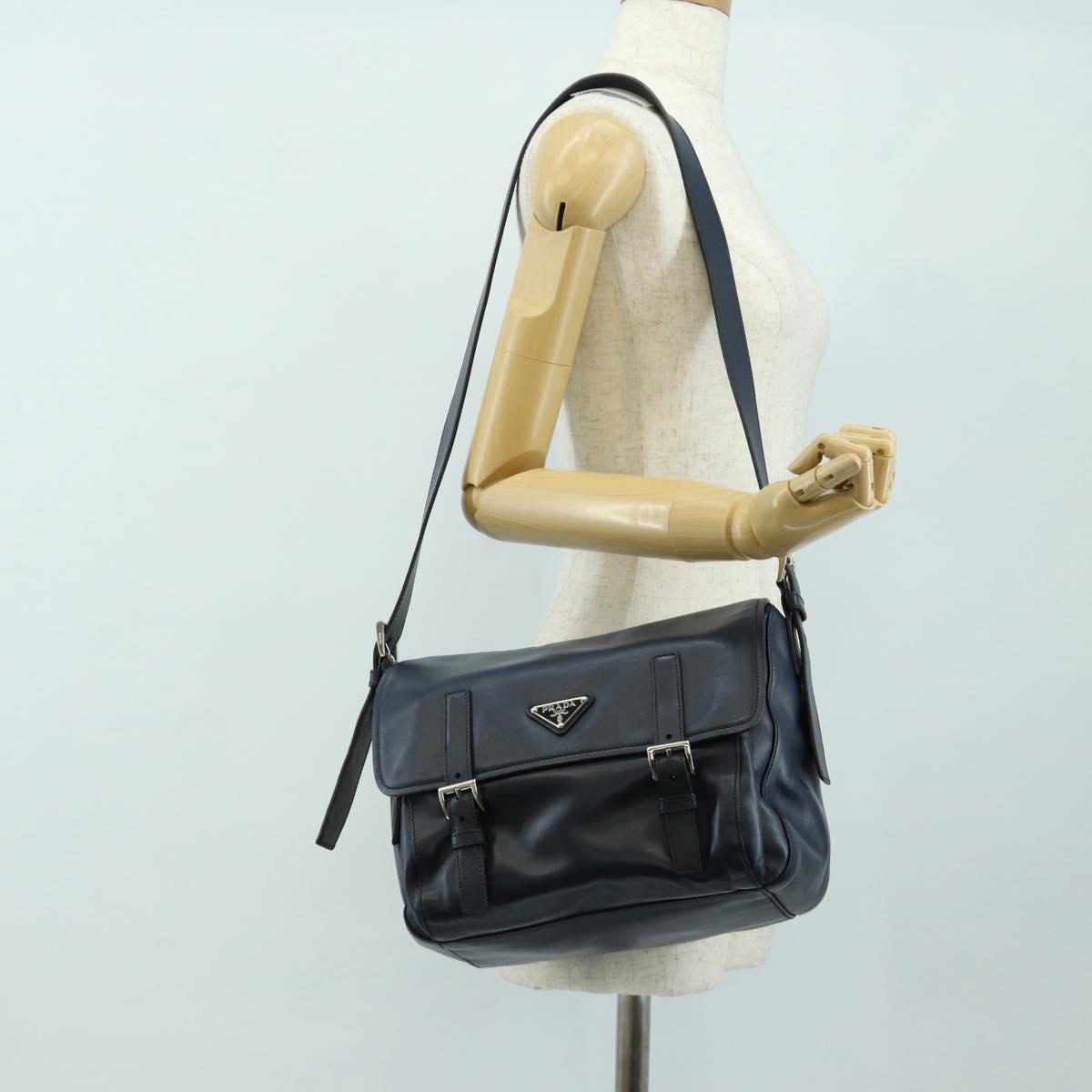 PRADA Shoulder Bag Leather Navy Silver Auth ki6667SAM