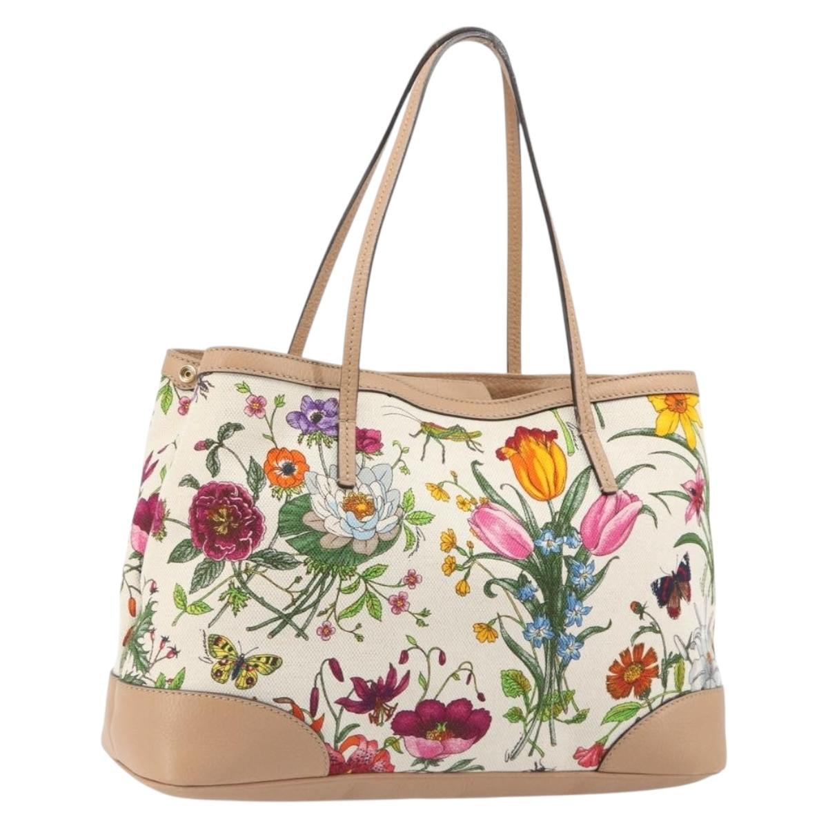 GUCCI Flora Tote Bag Canvas Beige Gold 358470 Auth ki6680V