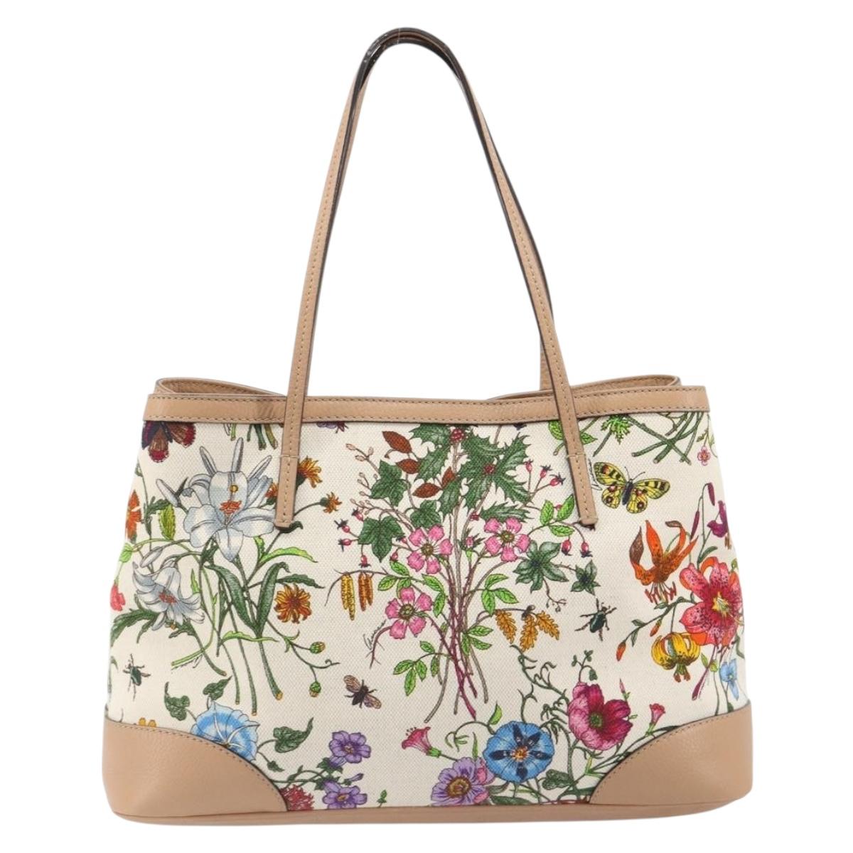 GUCCI Flora Tote Bag Canvas Beige Gold 358470 Auth ki6680V