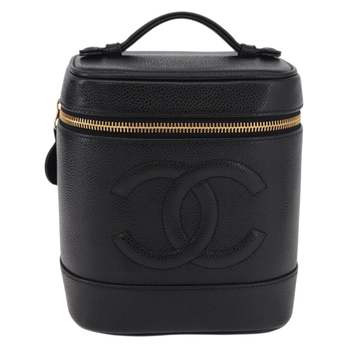 CHANEL COCO Mark Vanity Hand Bag Caviar Skin Black Gold CC Auth ki6681M