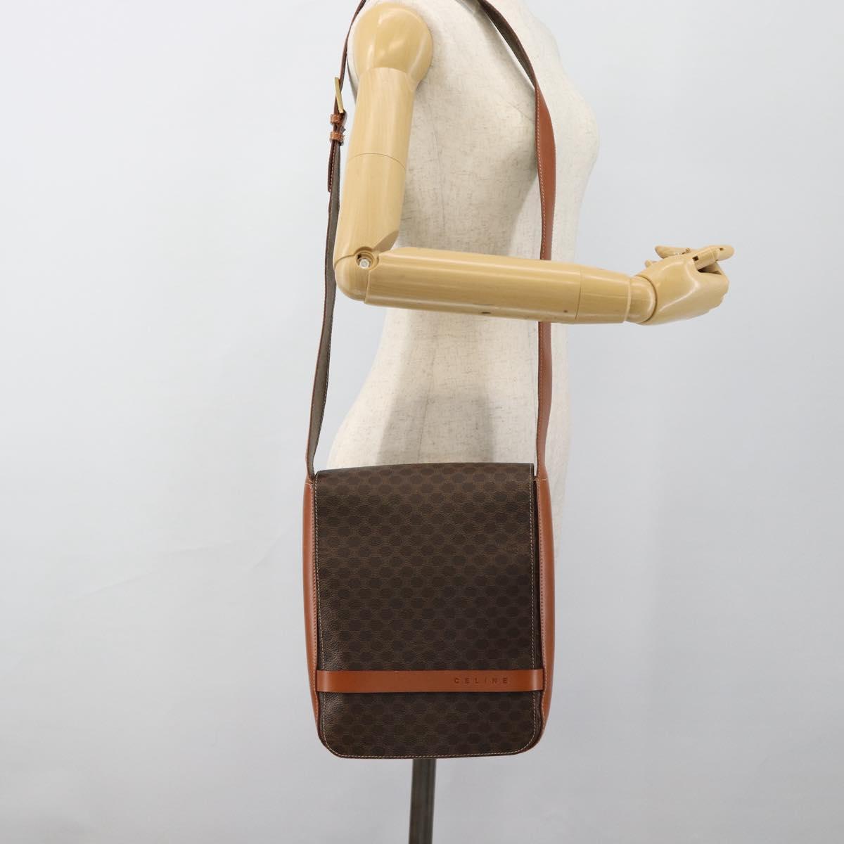 CELINE Macadam Canvas Shoulder Bag PVC Leather Brown Gold Auth ki6682A