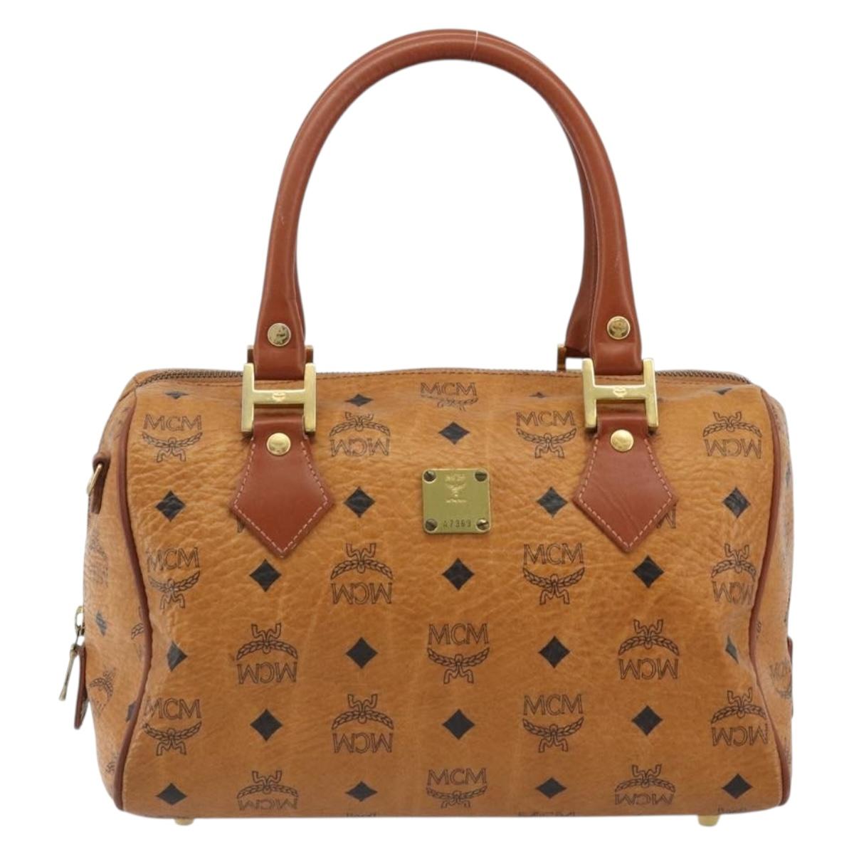 MCM Vicetos Logogram Mini Boston Bag PVC Leather Brown Gold Auth ki6685