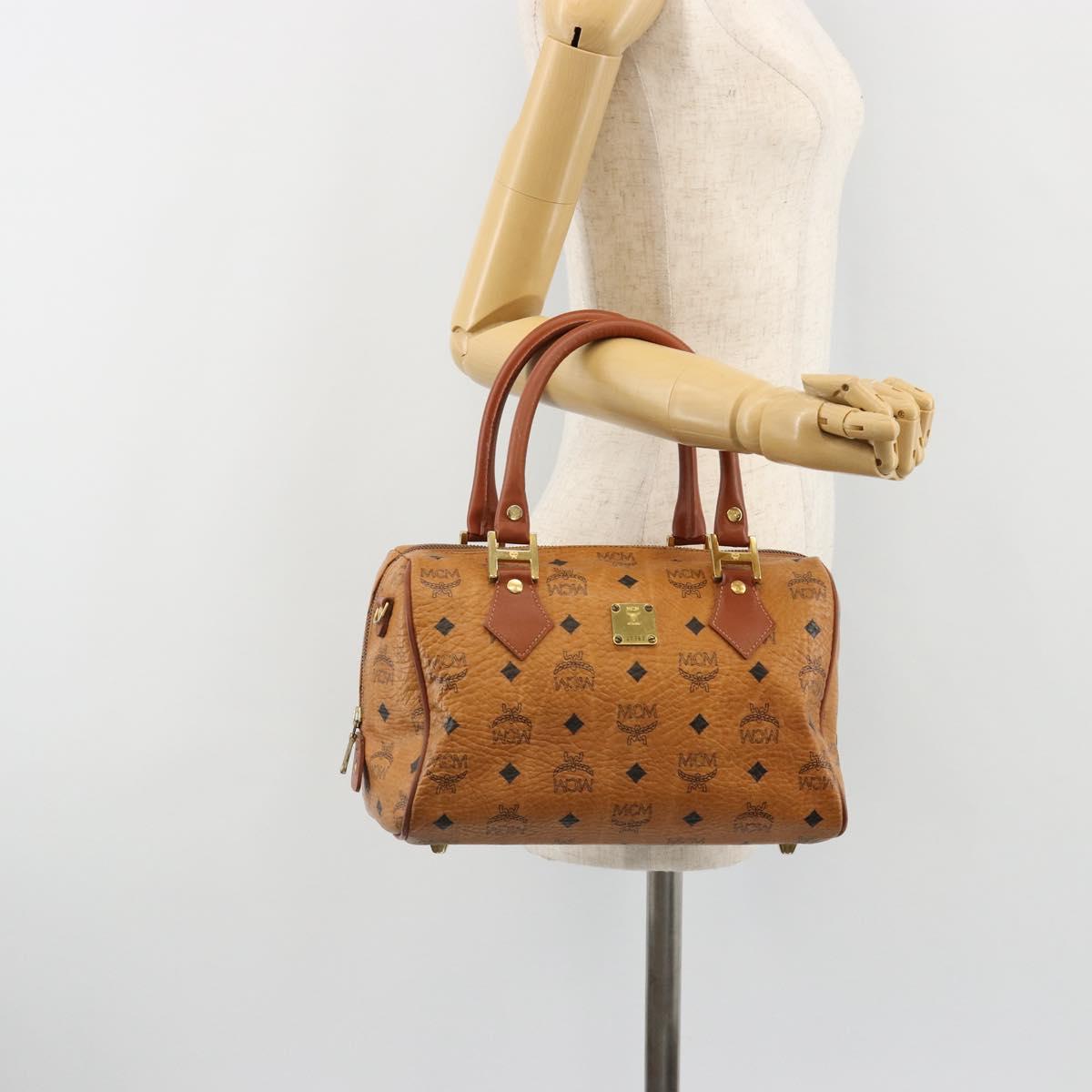 MCM Vicetos Logogram Mini Boston Bag PVC Leather Brown Gold Auth ki6685