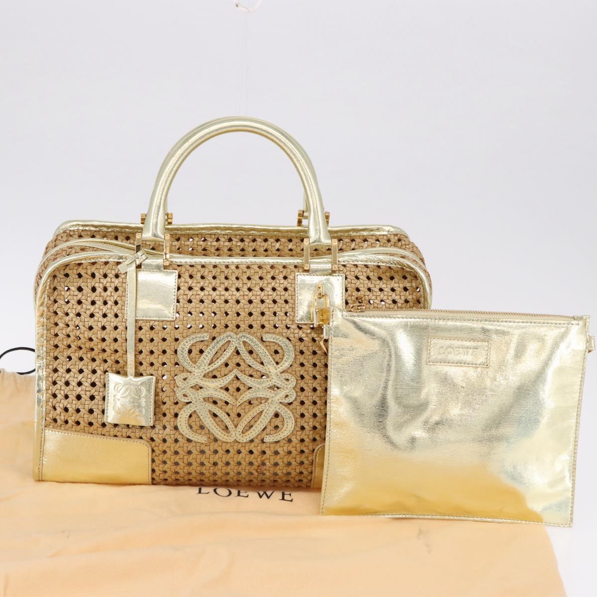 LOEWE Amazonas Hand Bag Rattan Gold Beige Auth ki6694M