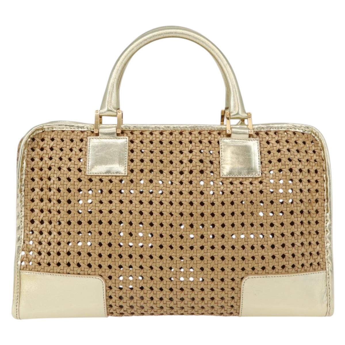 LOEWE Amazonas Hand Bag Rattan Gold Beige Auth ki6694M