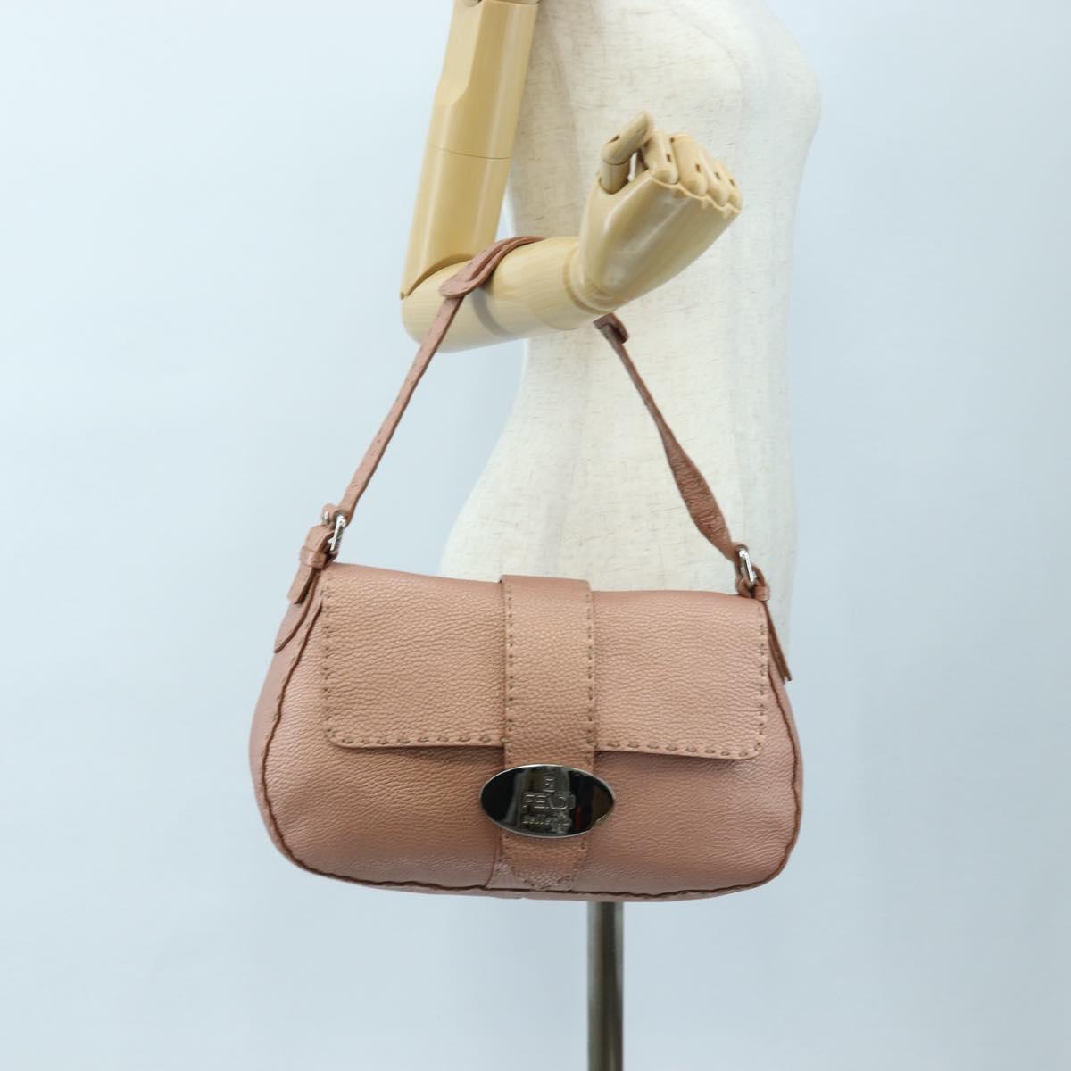 FENDI Celeria Baguette Shoulder Bag Leather Pink Silver Auth ki6700V