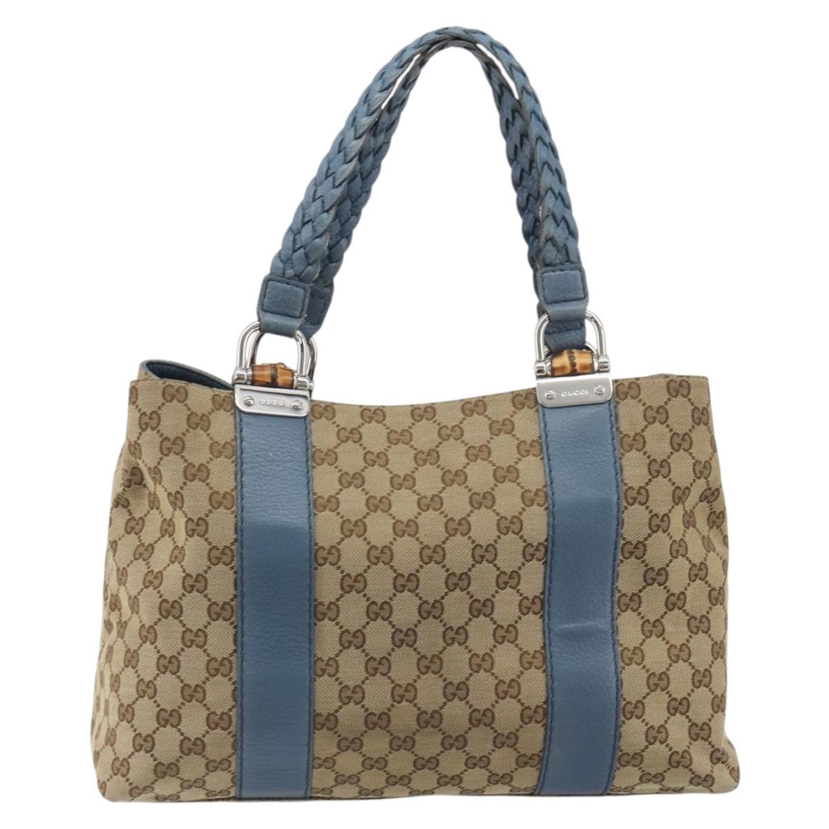 GUCCI GG Canvas Bamboo Tote Bag Blue Beige 232947 Auth ki6706A