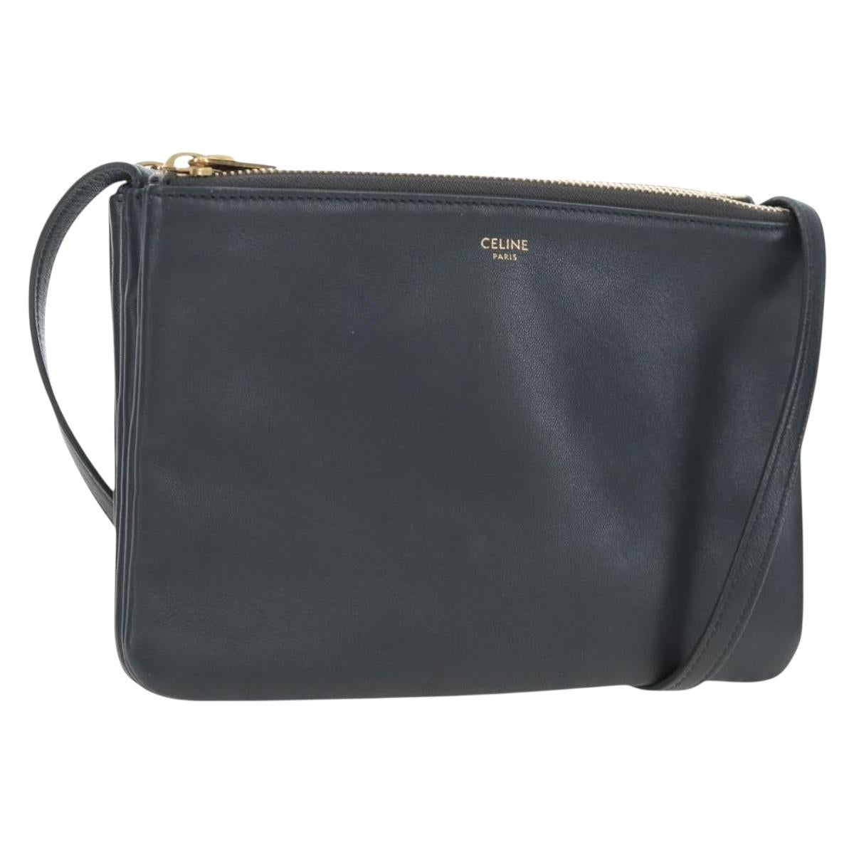 CELINE Trio Small Shoulder Bag Leather Gray Gold Tone Auth ki6708V