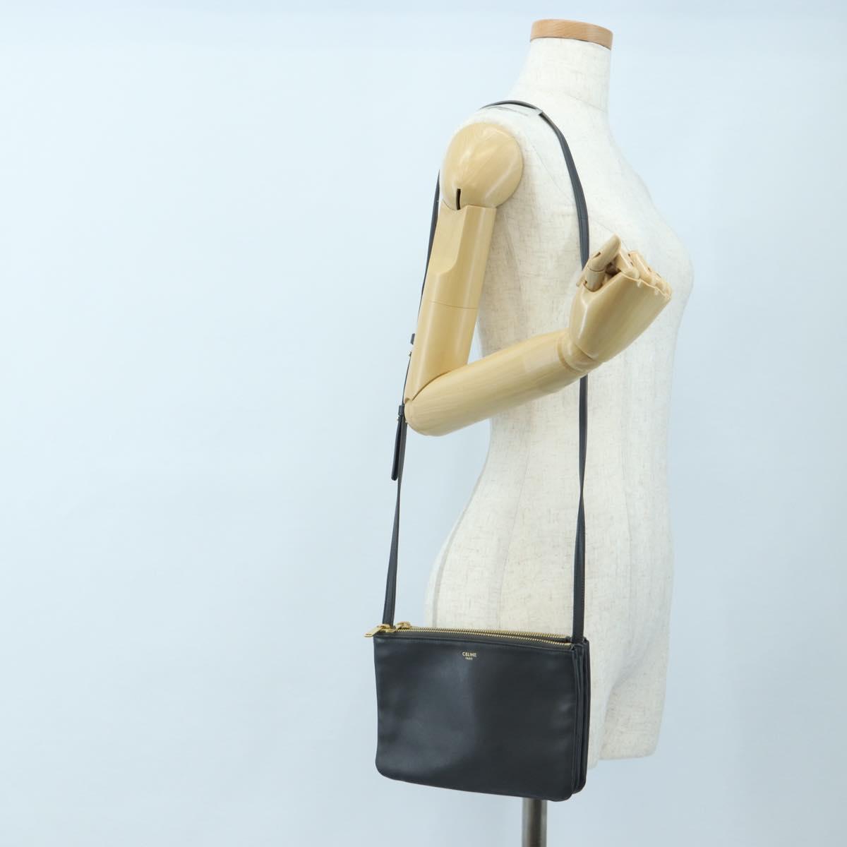 CELINE Trio Small Shoulder Bag Leather Gray Gold Tone Auth ki6708V