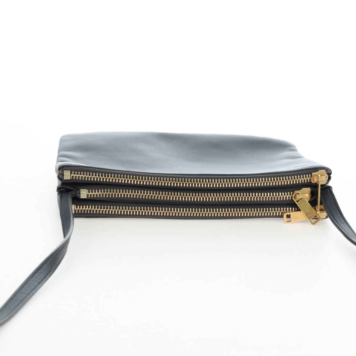 CELINE Trio Small Shoulder Bag Leather Gray Gold Tone Auth ki6708V