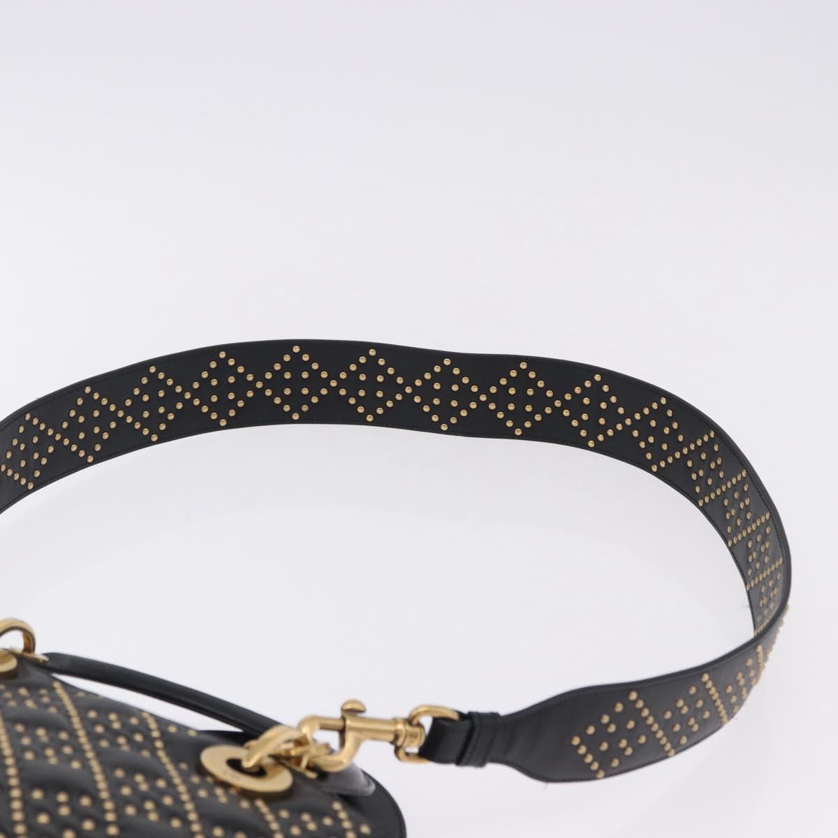 Christian Dior Lady Dior Studs Hand Bag Leather 2way Black Gold Auth ki6712M