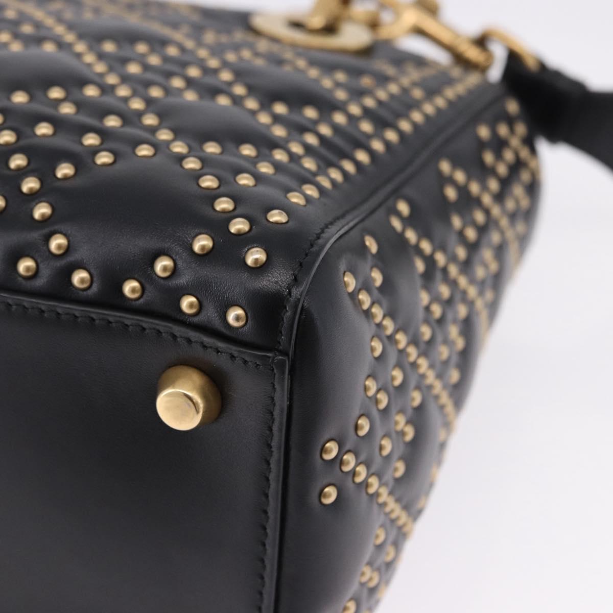 Christian Dior Lady Dior Studs Hand Bag Leather 2way Black Gold Auth ki6712M