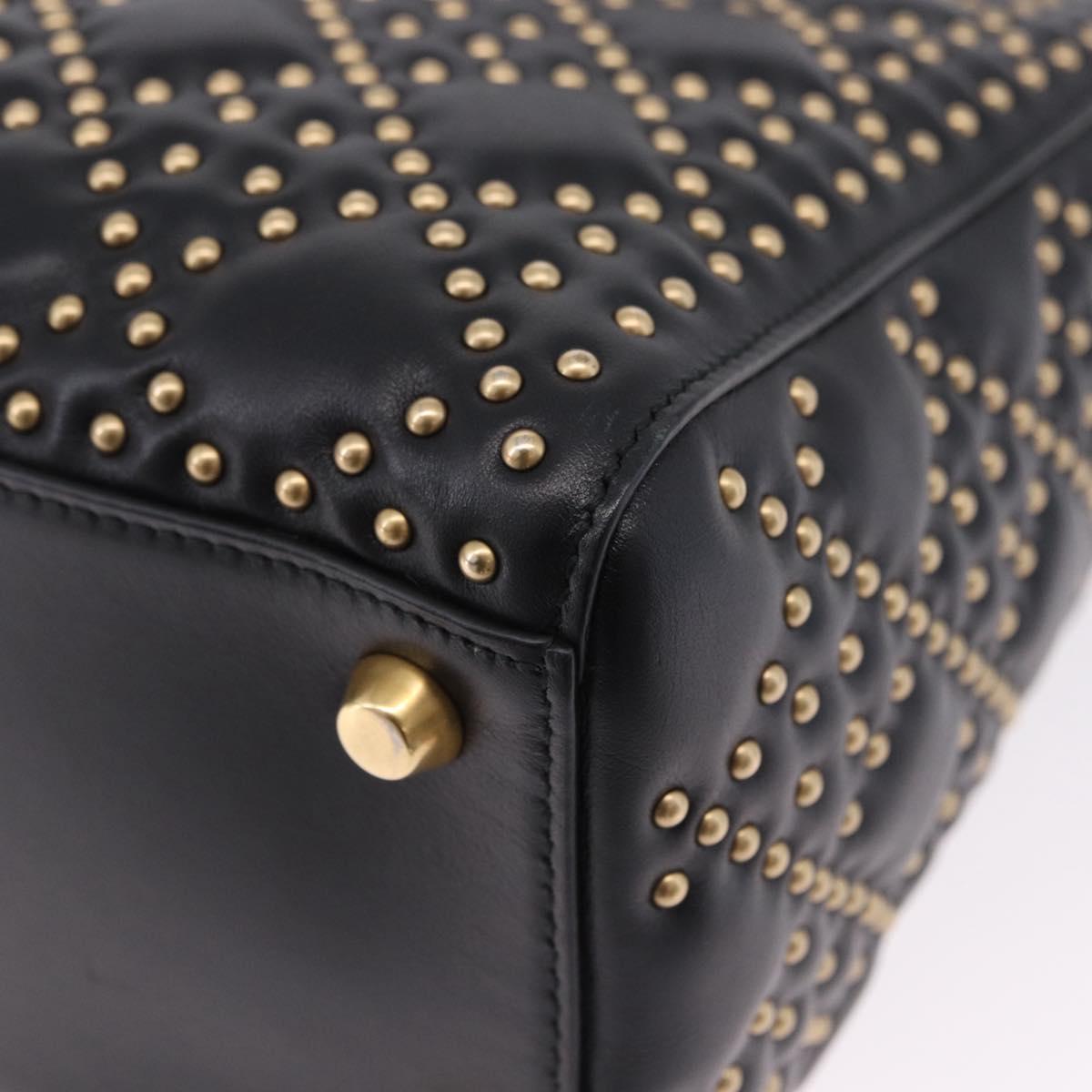 Christian Dior Lady Dior Studs Hand Bag Leather 2way Black Gold Auth ki6712M