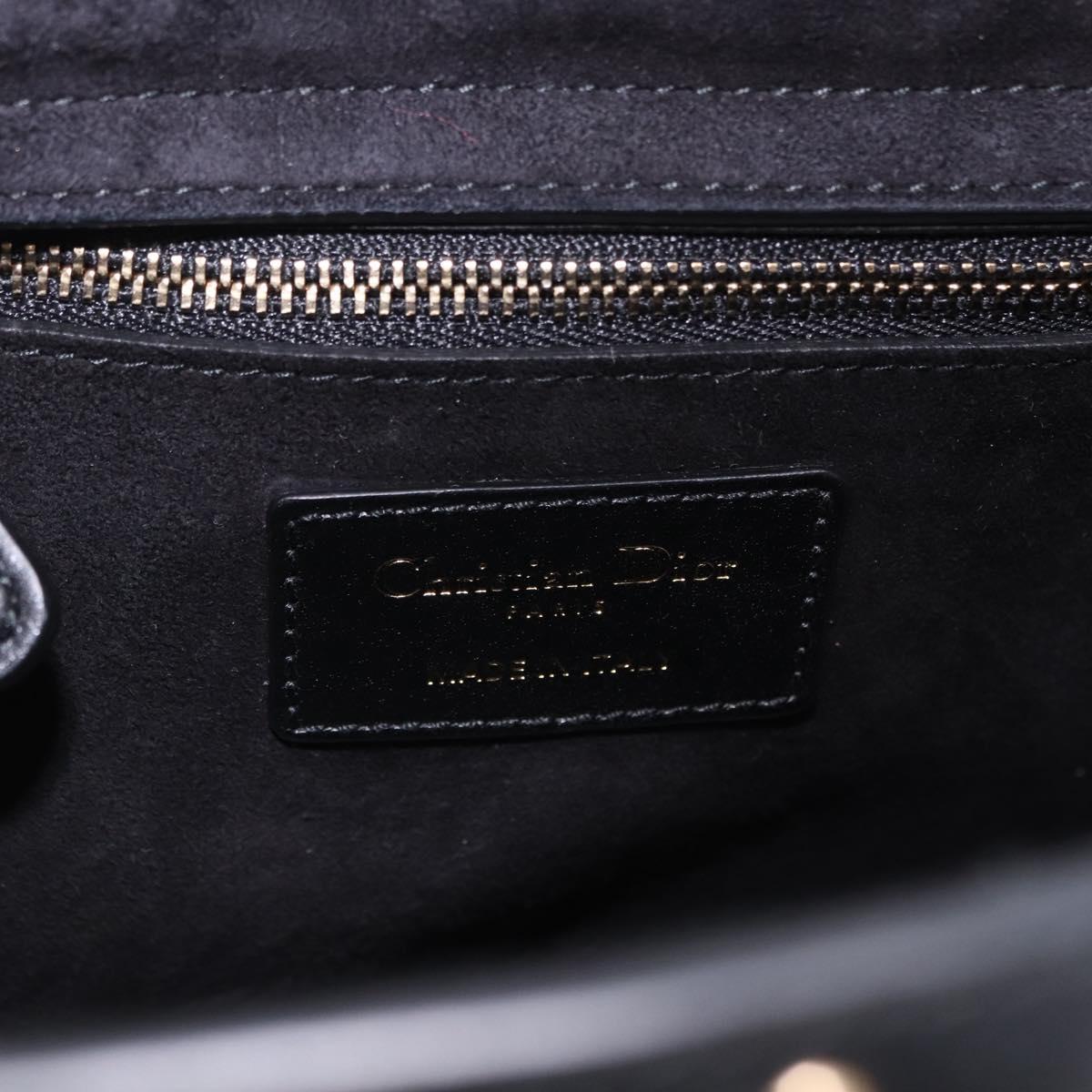 Christian Dior Lady Dior Studs Hand Bag Leather 2way Black Gold Auth ki6712M