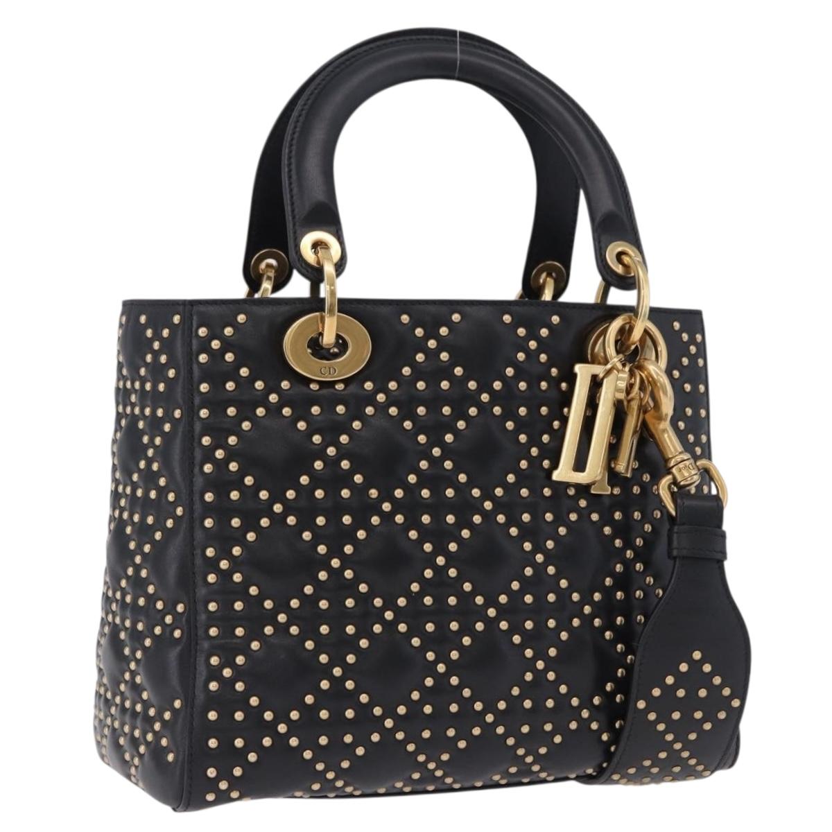 Christian Dior Lady Dior Studs Hand Bag Leather 2way Black Gold Auth ki6712M