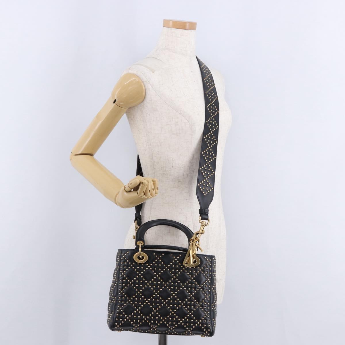 Christian Dior Lady Dior Studs Hand Bag Leather 2way Black Gold Auth ki6712M