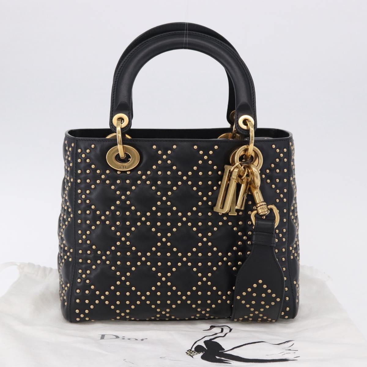 Christian Dior Lady Dior Studs Hand Bag Leather 2way Black Gold Auth ki6712M