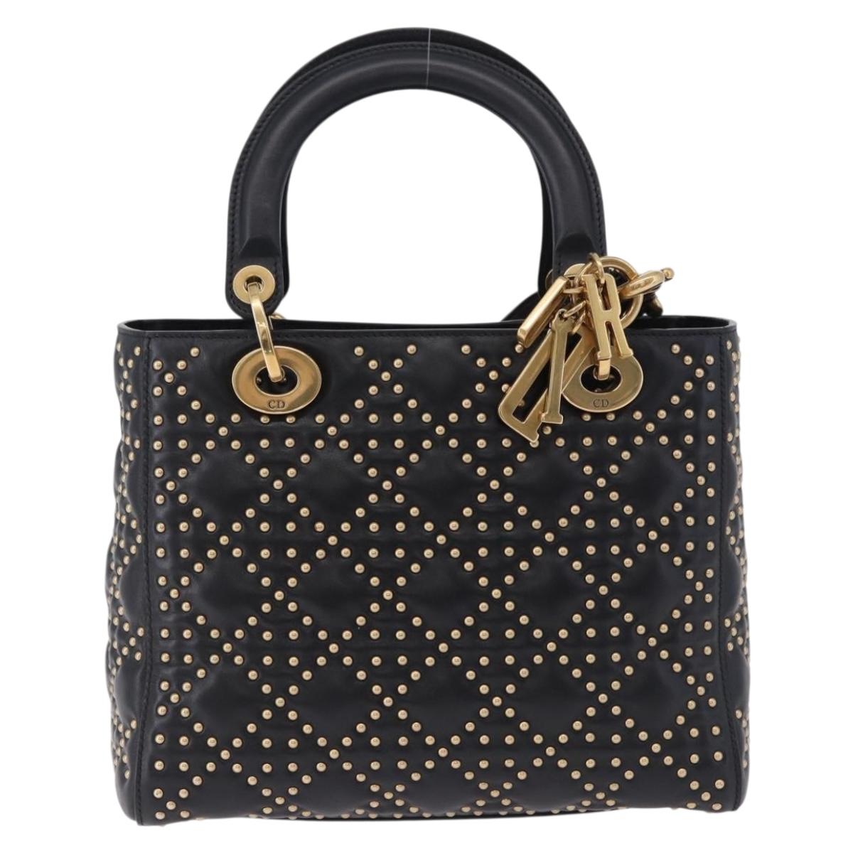 Christian Dior Lady Dior Studs Hand Bag Leather 2way Black Gold Auth ki6712M