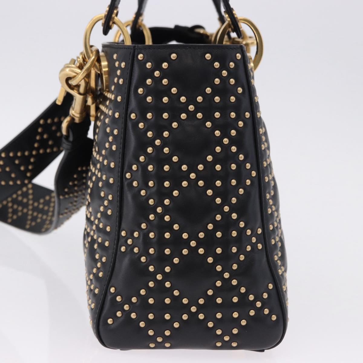 Christian Dior Lady Dior Studs Hand Bag Leather 2way Black Gold Auth ki6712M