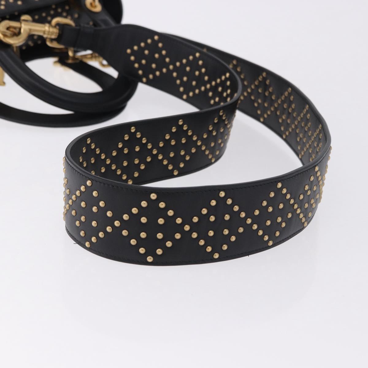 Christian Dior Lady Dior Studs Hand Bag Leather 2way Black Gold Auth ki6712M
