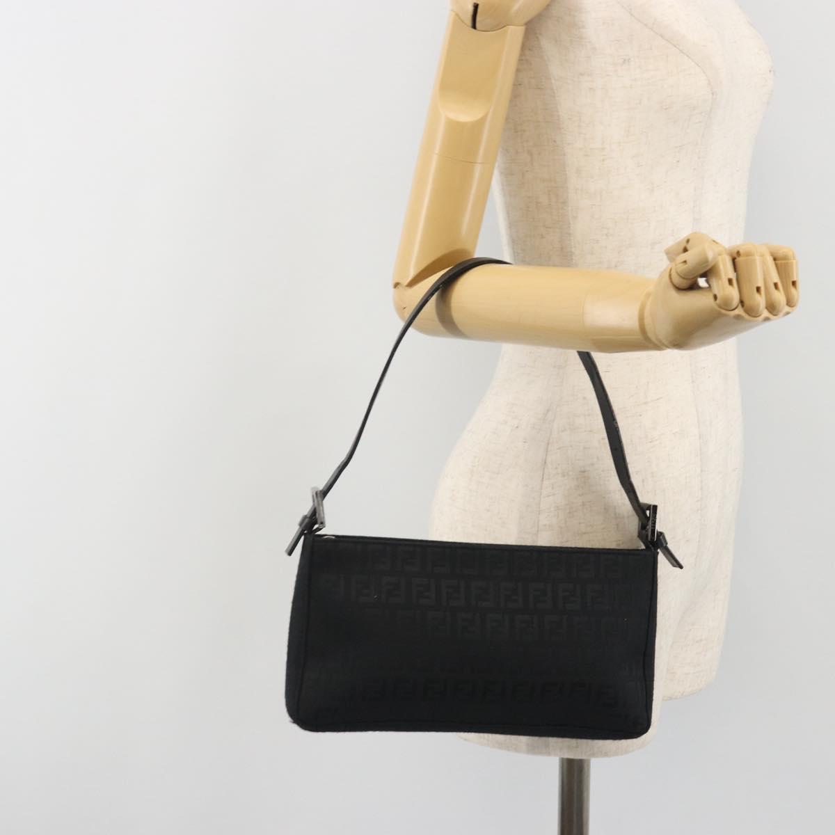 FENDI Zucchino Canvas Shoulder Bag Black Silver 8BR042 Auth ki6713A