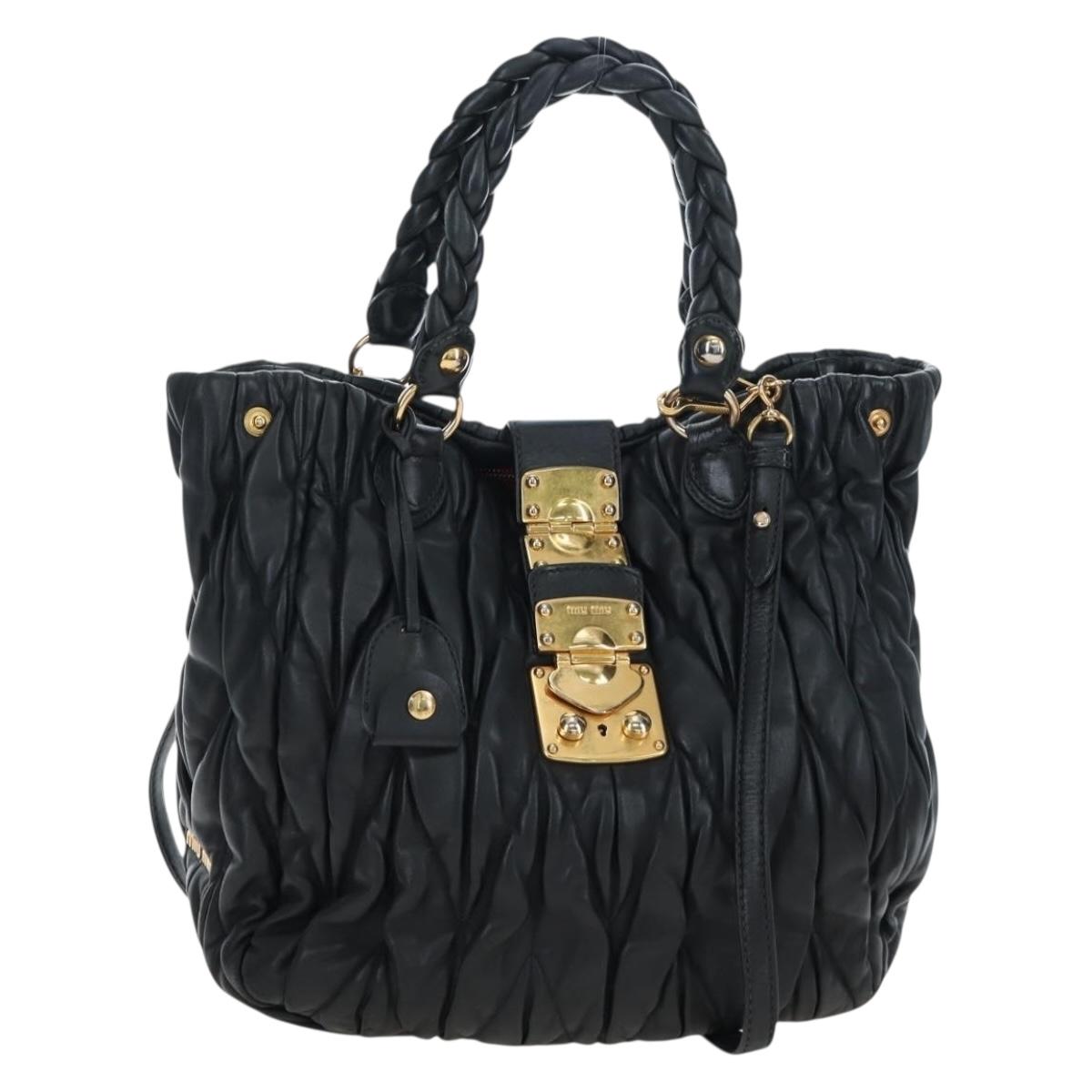 Miu Miu Matelasse Tote Bag Leather 2way Black Gold Tone Auth ki6716V