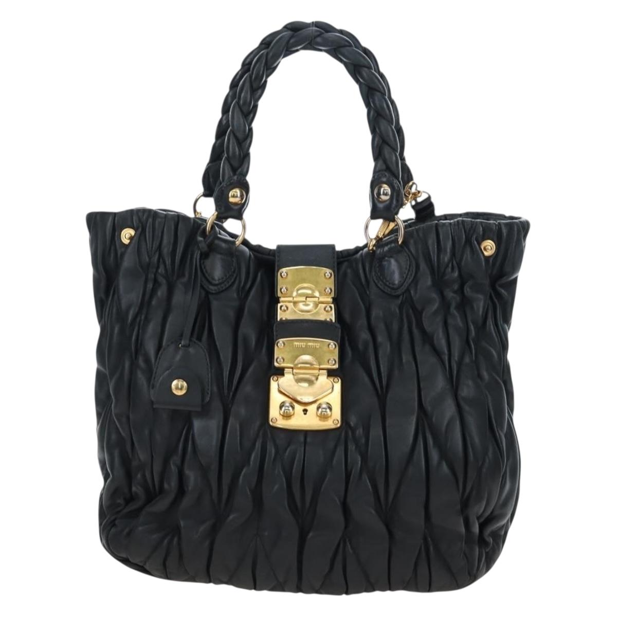 Miu Miu Matelasse Tote Bag Leather 2way Black Gold Tone Auth ki6716V