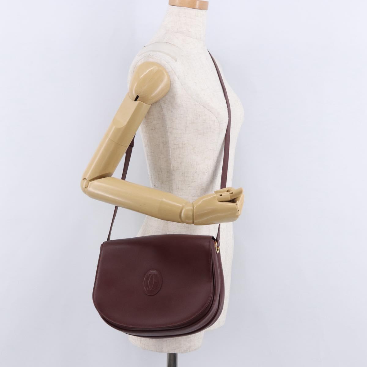 CARTIER Must Line Shoulder Bag Leather Bordeaux Gold Tone Auth ki6718A