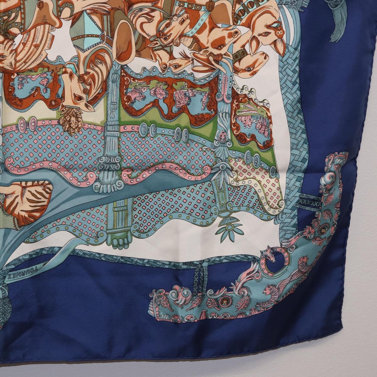 HERMES Carre 90 Scarf Silk ""TOURNEZ MANEGE"" Blue White Auth ki6721