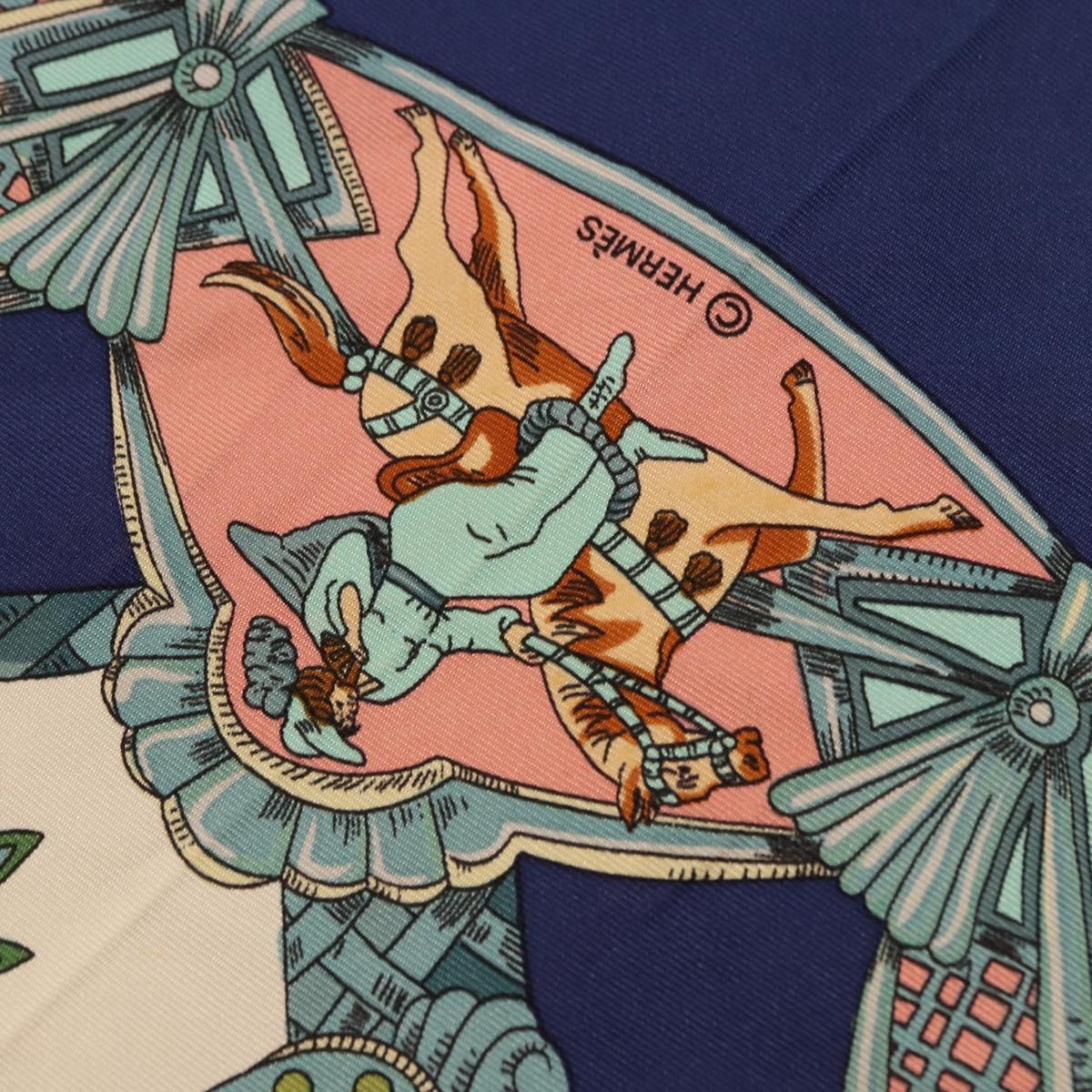 HERMES Carre 90 Scarf Silk ""TOURNEZ MANEGE"" Blue White Auth ki6721