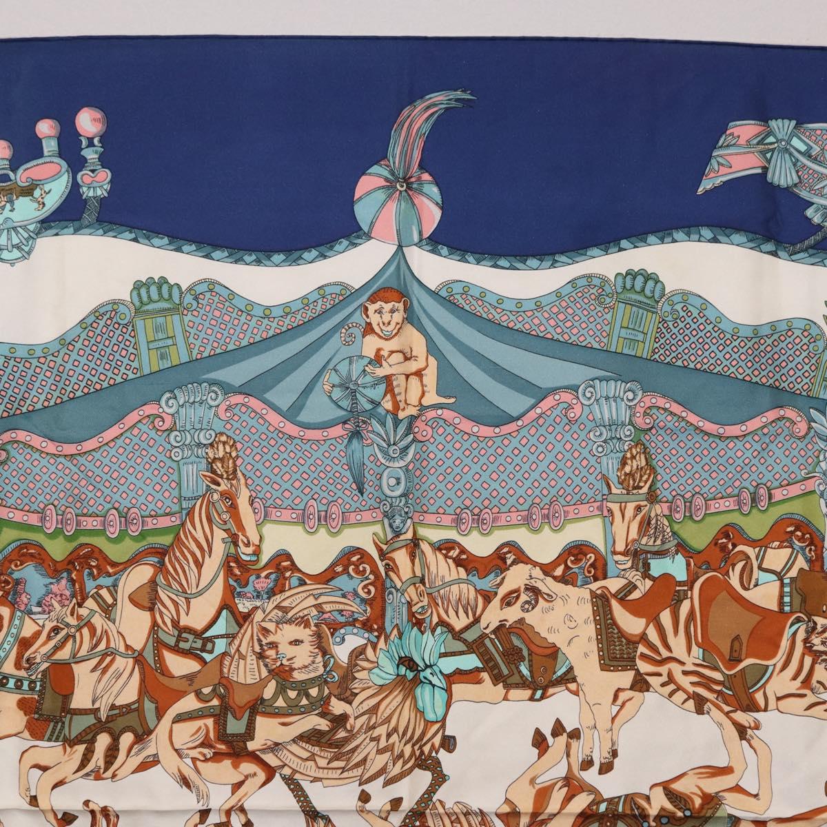 HERMES Carre 90 Scarf Silk ""TOURNEZ MANEGE"" Blue White Auth ki6721