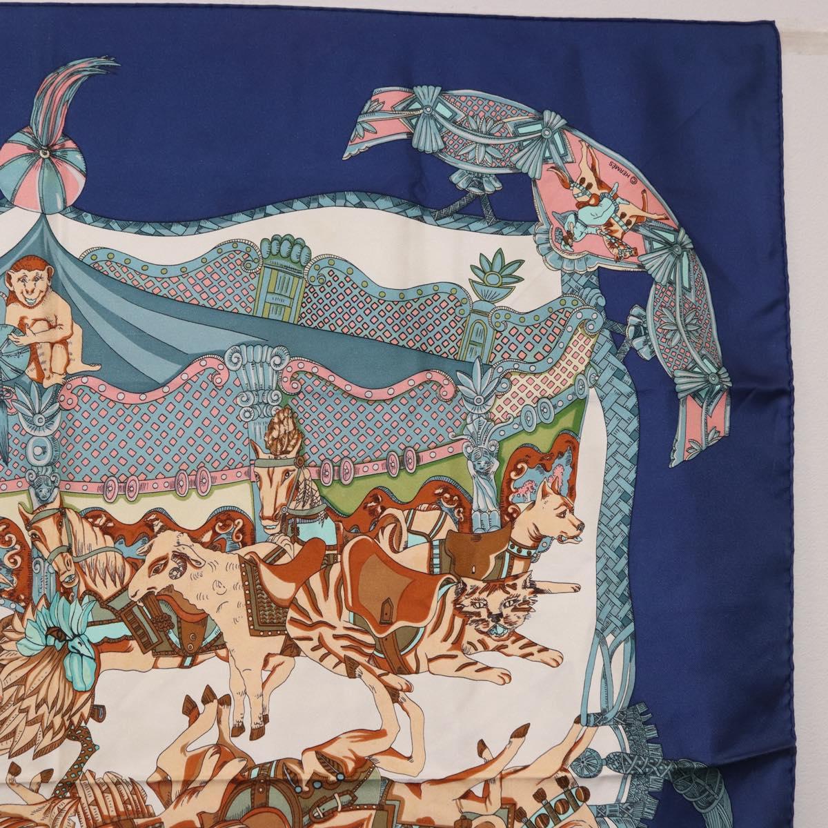 HERMES Carre 90 Scarf Silk ""TOURNEZ MANEGE"" Blue White Auth ki6721