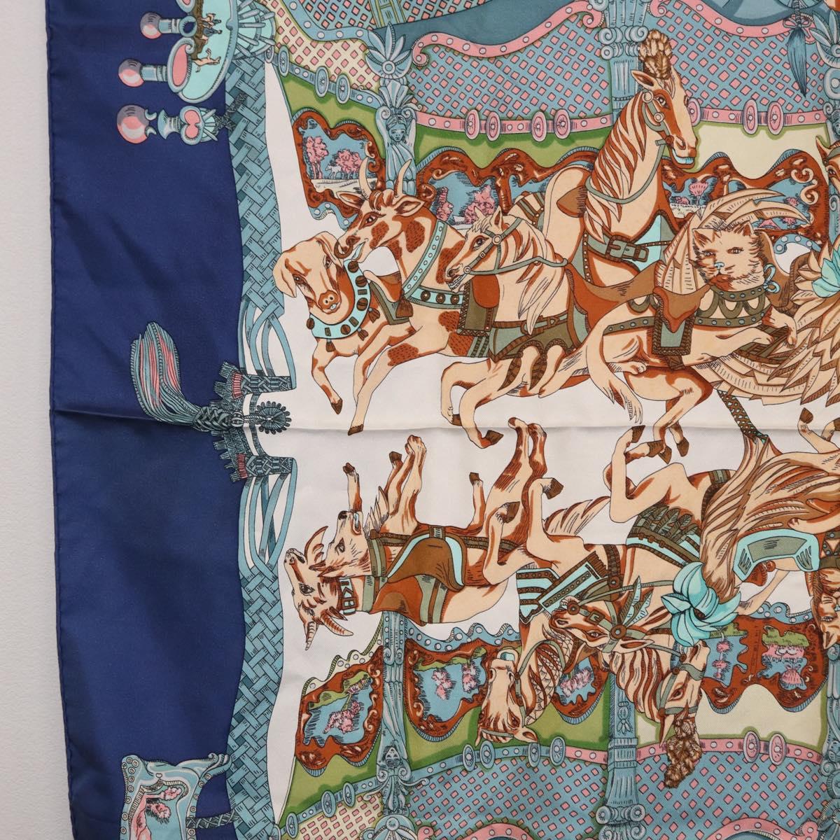 HERMES Carre 90 Scarf Silk ""TOURNEZ MANEGE"" Blue White Auth ki6721