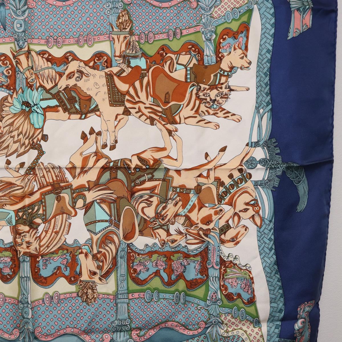 HERMES Carre 90 Scarf Silk ""TOURNEZ MANEGE"" Blue White Auth ki6721
