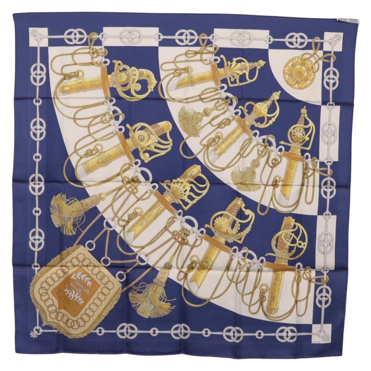HERMES Carre 90 Scarf Silk ""Cliquetis"" Blue Gold Auth ki6724