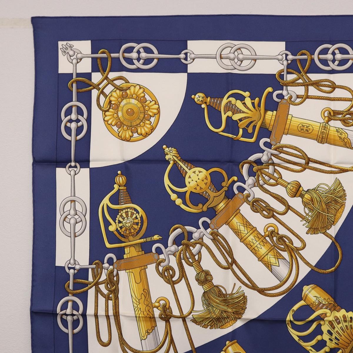 HERMES Carre 90 Scarf Silk ""Cliquetis"" Blue Gold Auth ki6724