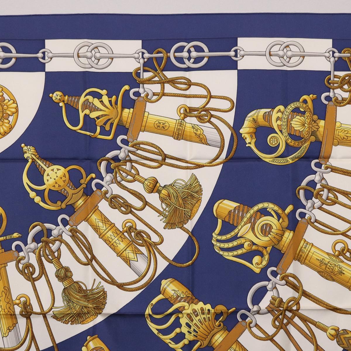 HERMES Carre 90 Scarf Silk ""Cliquetis"" Blue Gold Auth ki6724